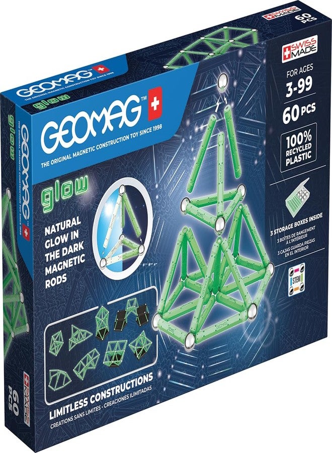 GEOMAG, Glow Recycled, Magnetic Constructions with Glow Effect, Magnetic Bars Glowing in The Dark, 60-Piece Pack, 100% Recycled Plastic, White - Image 1
